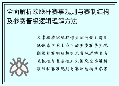 全面解析欧联杯赛事规则与赛制结构及参赛晋级逻辑理解方法